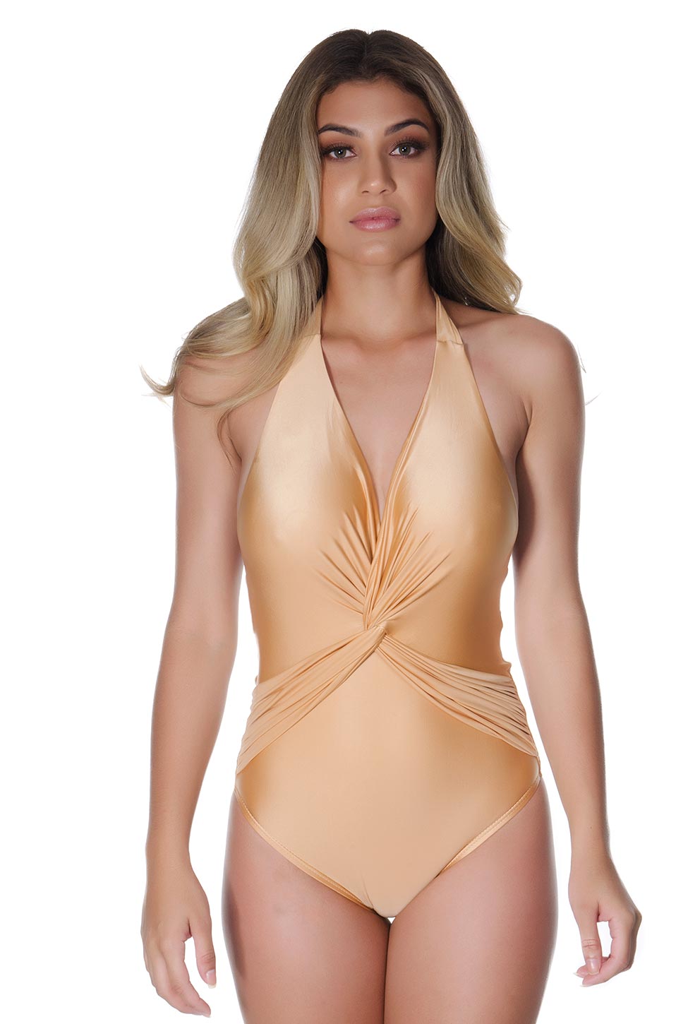 Body feminino champanhe com nó frontal e alças que amarram no pescoço