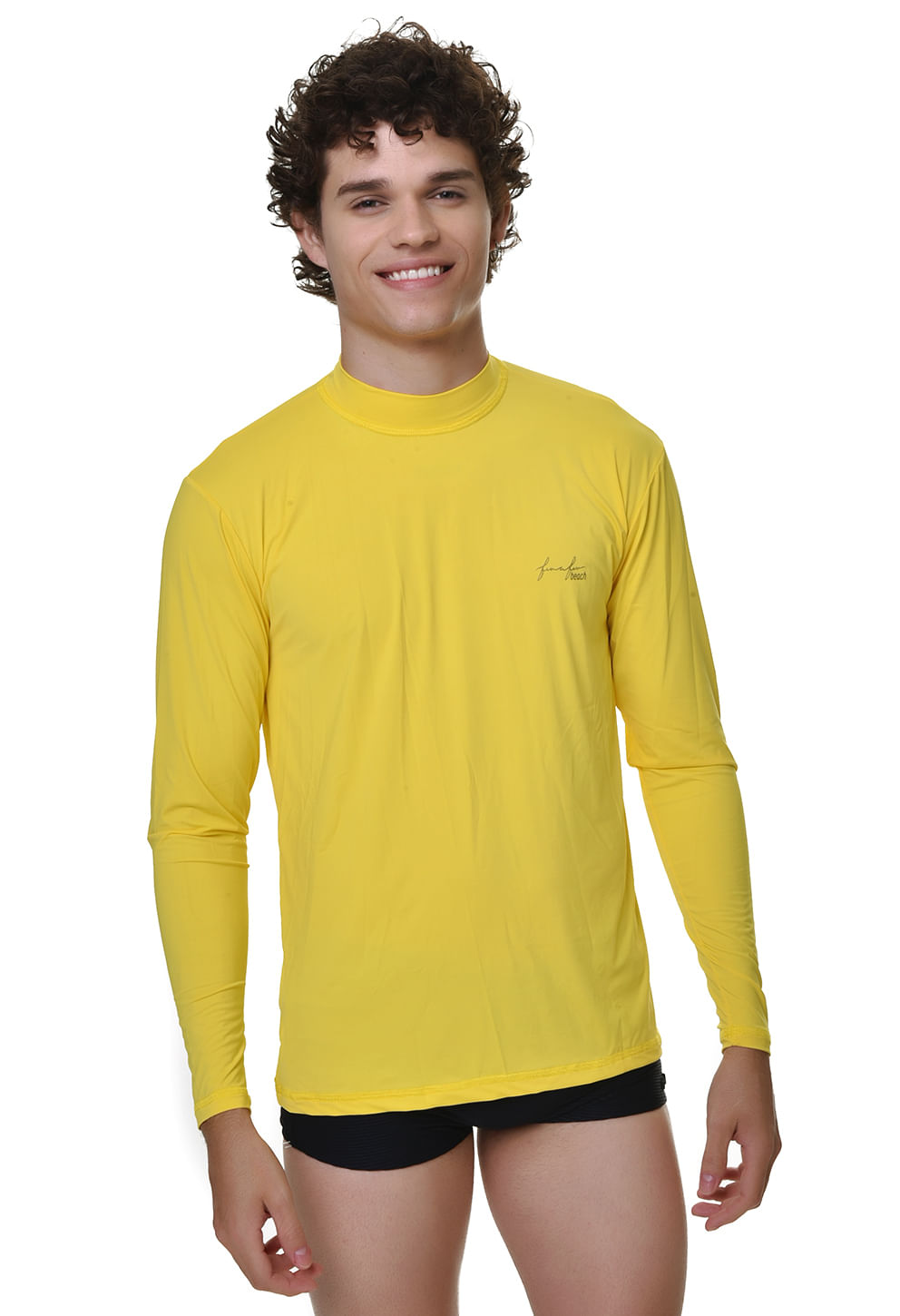 Camisa de proteção UV masculina amarela com gola alta e manga longa