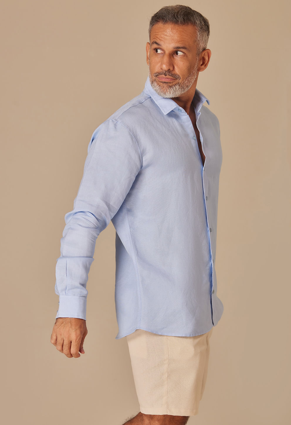 Camisa Linho Slim Manga Longa Blue Bell lateral, azul claro