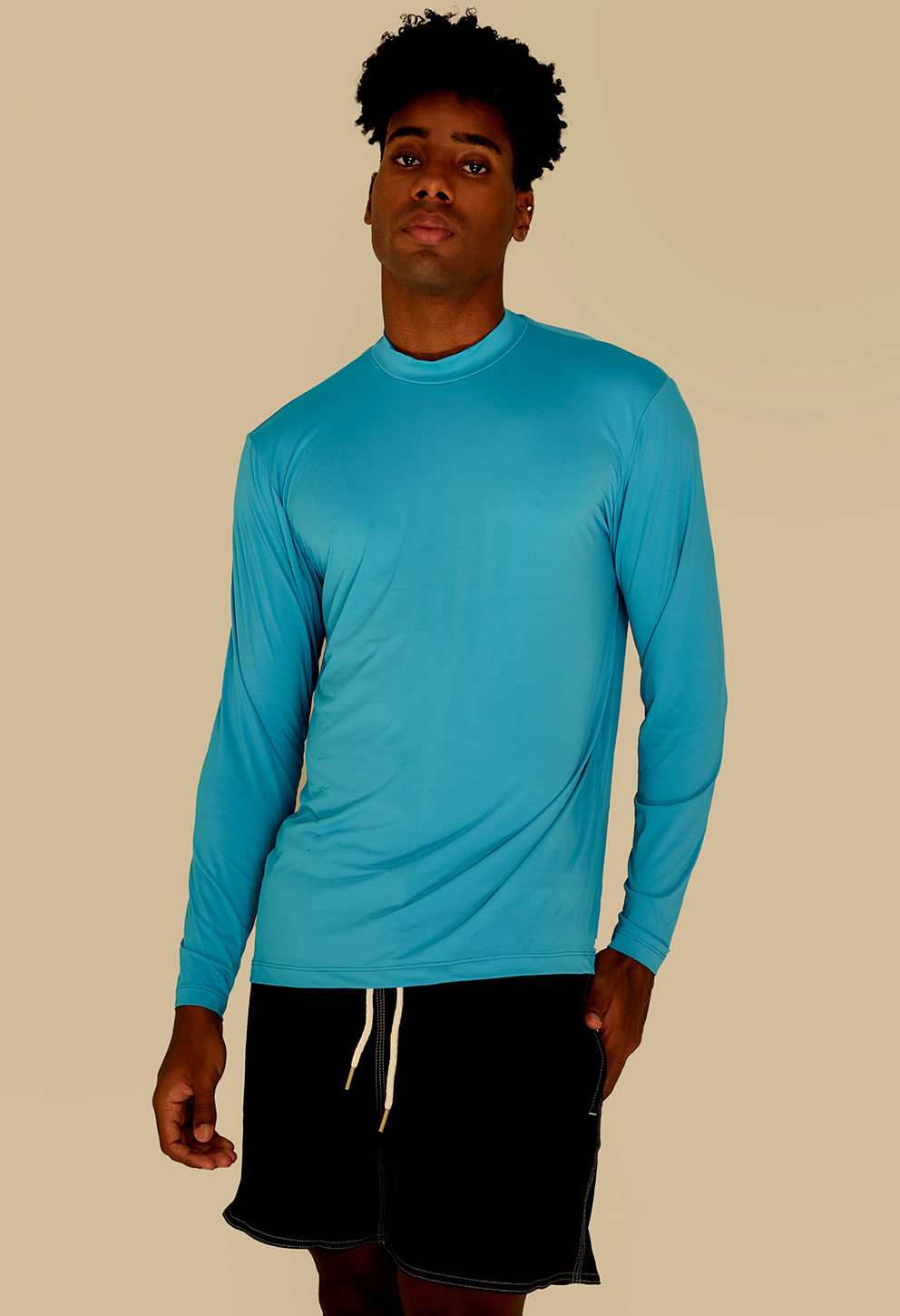 Camisa UV masculina azul-turquesa manga longa, caimento reto