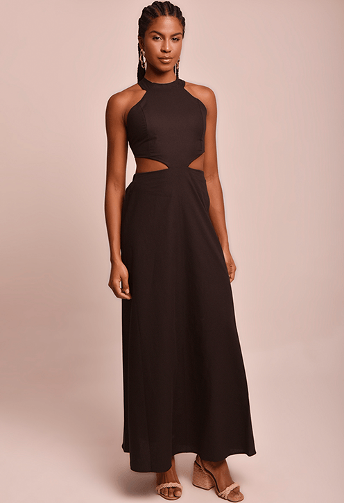 Vestido longo preto Martina Luar com recorte frontal e amarração nas costas