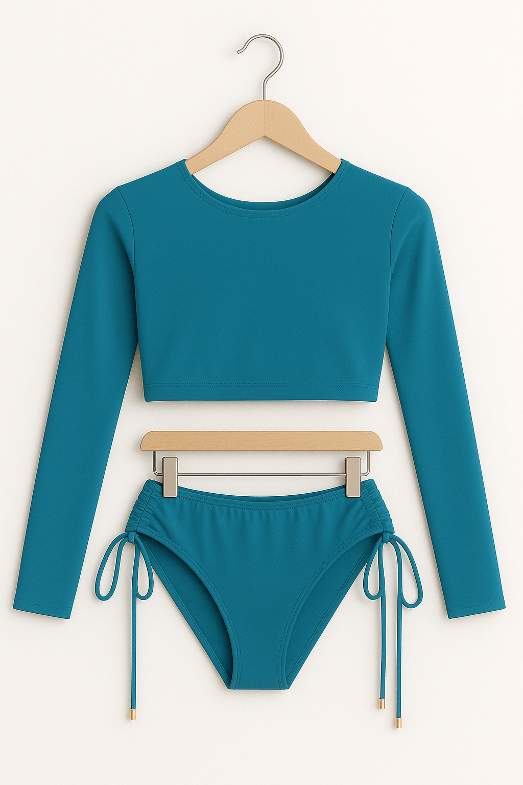 Conjunto Biquíni Valentina Água Viva azul turquesa com cropped manga longa e calcinha de amarração lateral, detalhe de ponteiras douradas.