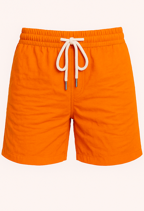 Bermuda casual em linho laranja vibrante, vista frontal com cós elástico e cordão